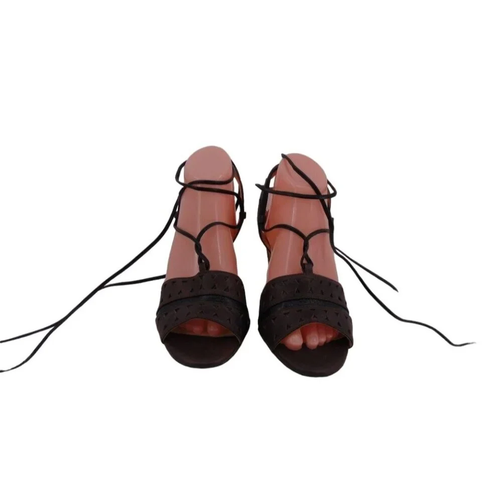 Anthropologie Faryl Robin Caley Lace Up Ankle Tie Heels 9.5 Chunky Heel Laser - Picture 3 of 13